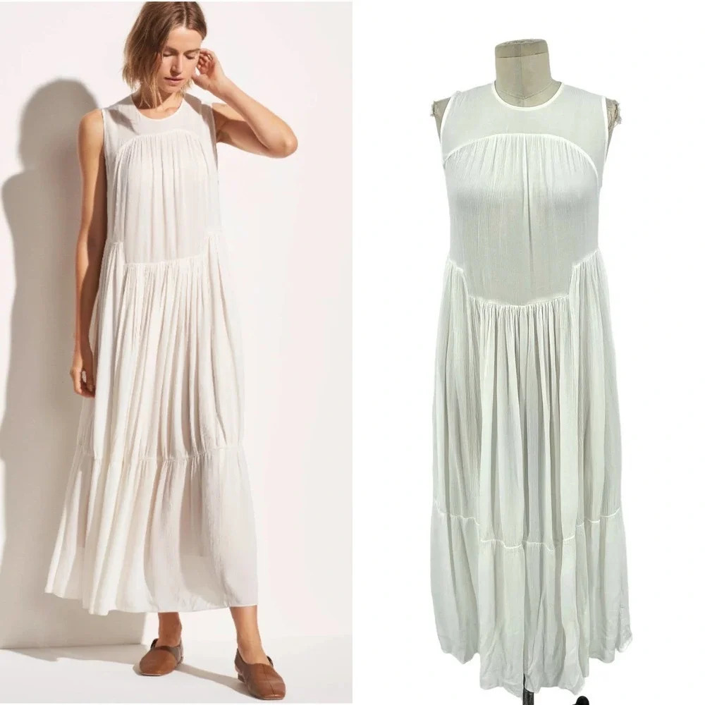 Vince Shirred Sleeveless Tiered Midi Long Dress in Off White Size XS